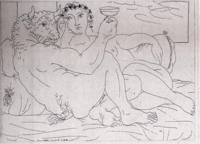 Picasso, Suite Vollard: minotauro tumbado con mujer.